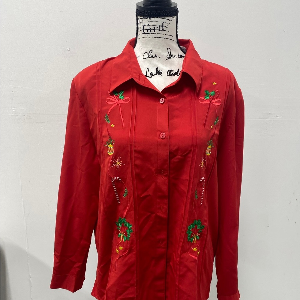 Vintage Women’s Christmas Shirt Red Embroidered Holiday Blouse Size L